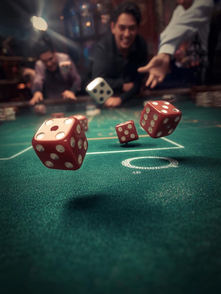 craps table action shot with dice rolling